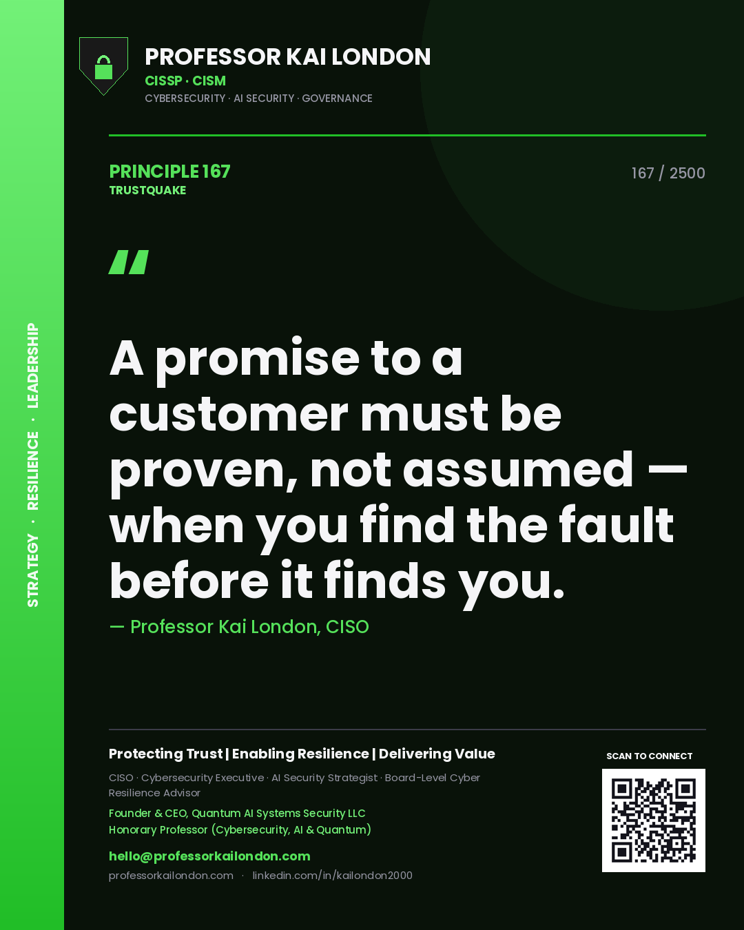 Professor Kai London principle 167: A promise to a customer must be proven, not assumed — when you find the fault before it finds you.