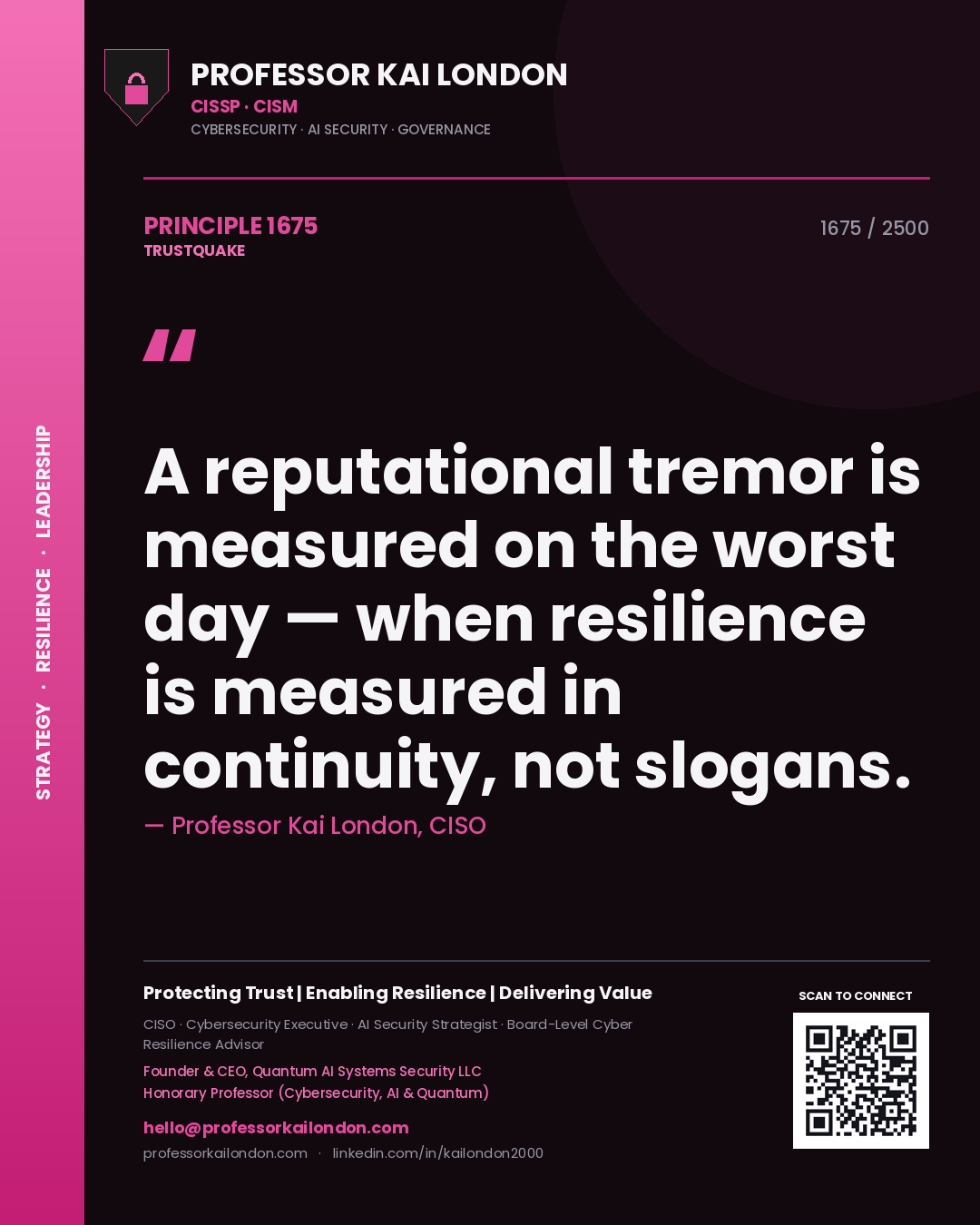 Professor Kai London principle 1675: A reputational tremor is measured on the worst day — when resilience is measured in continuity, not slogans.