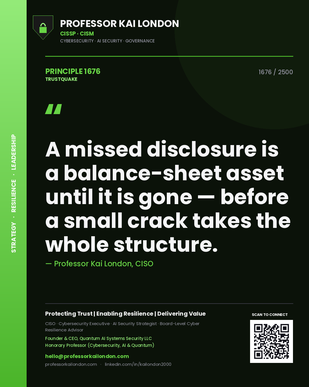 Professor Kai London principle 1676: A missed disclosure is a balance-sheet asset until it is gone — before a small crack takes the whole structure.
