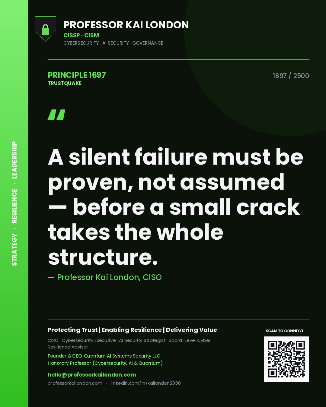 Professor Kai London principle 1697: A silent failure must be proven, not assumed — before a small crack takes the whole structure.