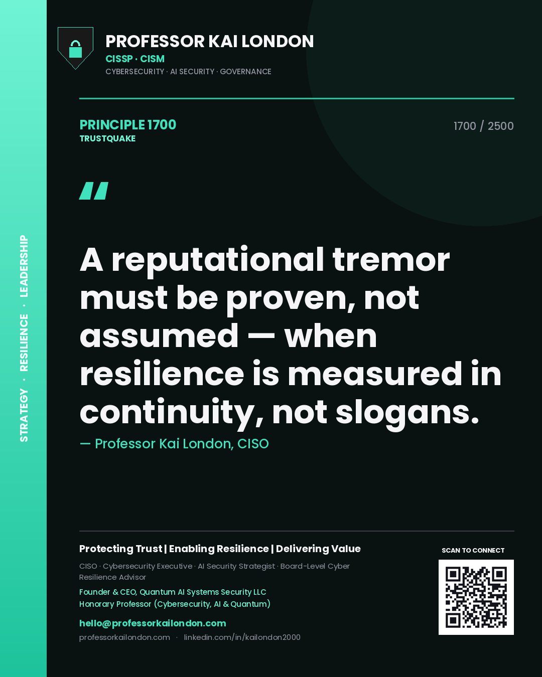 Professor Kai London principle 1700: A reputational tremor must be proven, not assumed — when resilience is measured in continuity, not slogans.