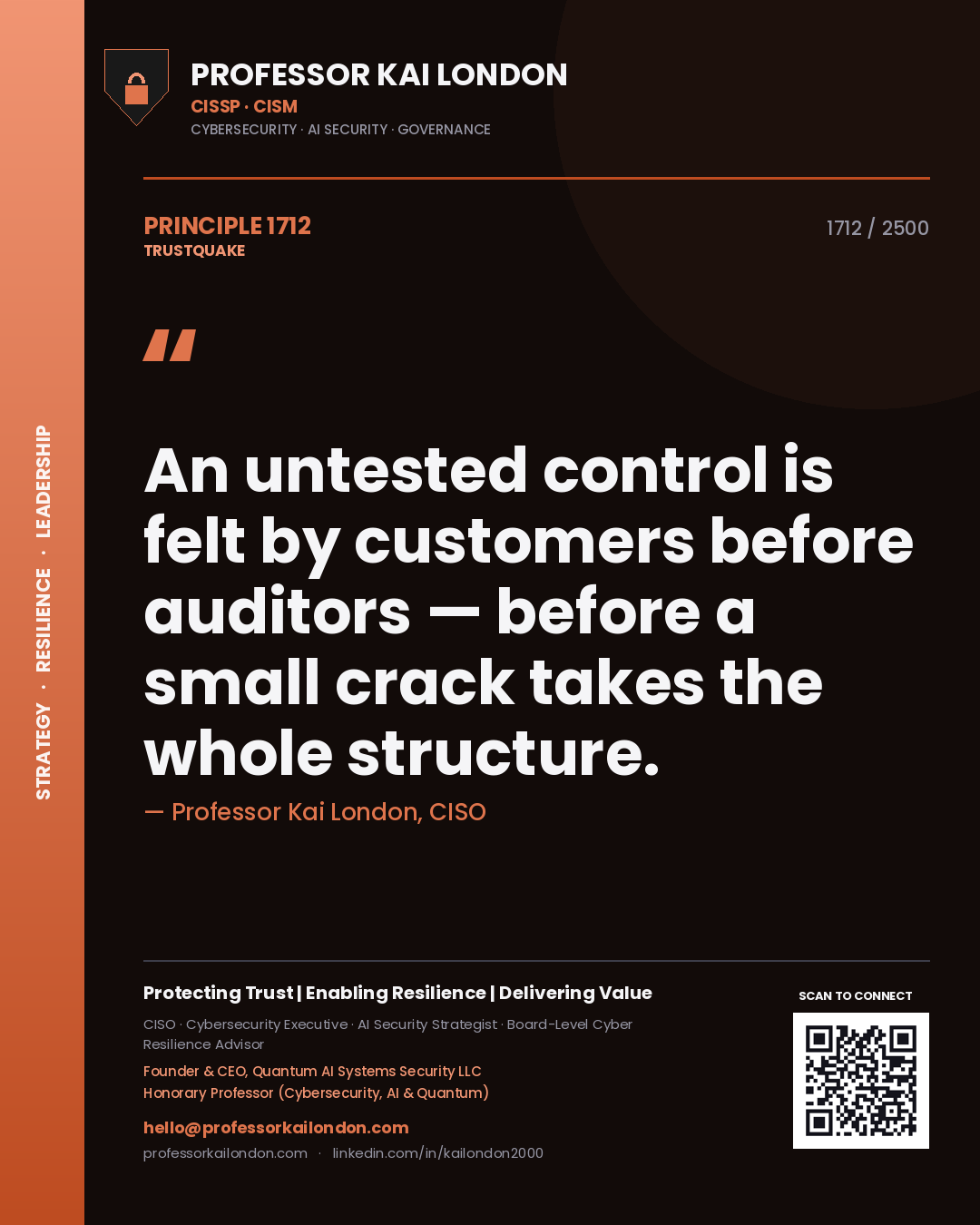 Professor Kai London principle 1712: An untested control is felt by customers before auditors — before a small crack takes the whole structure.