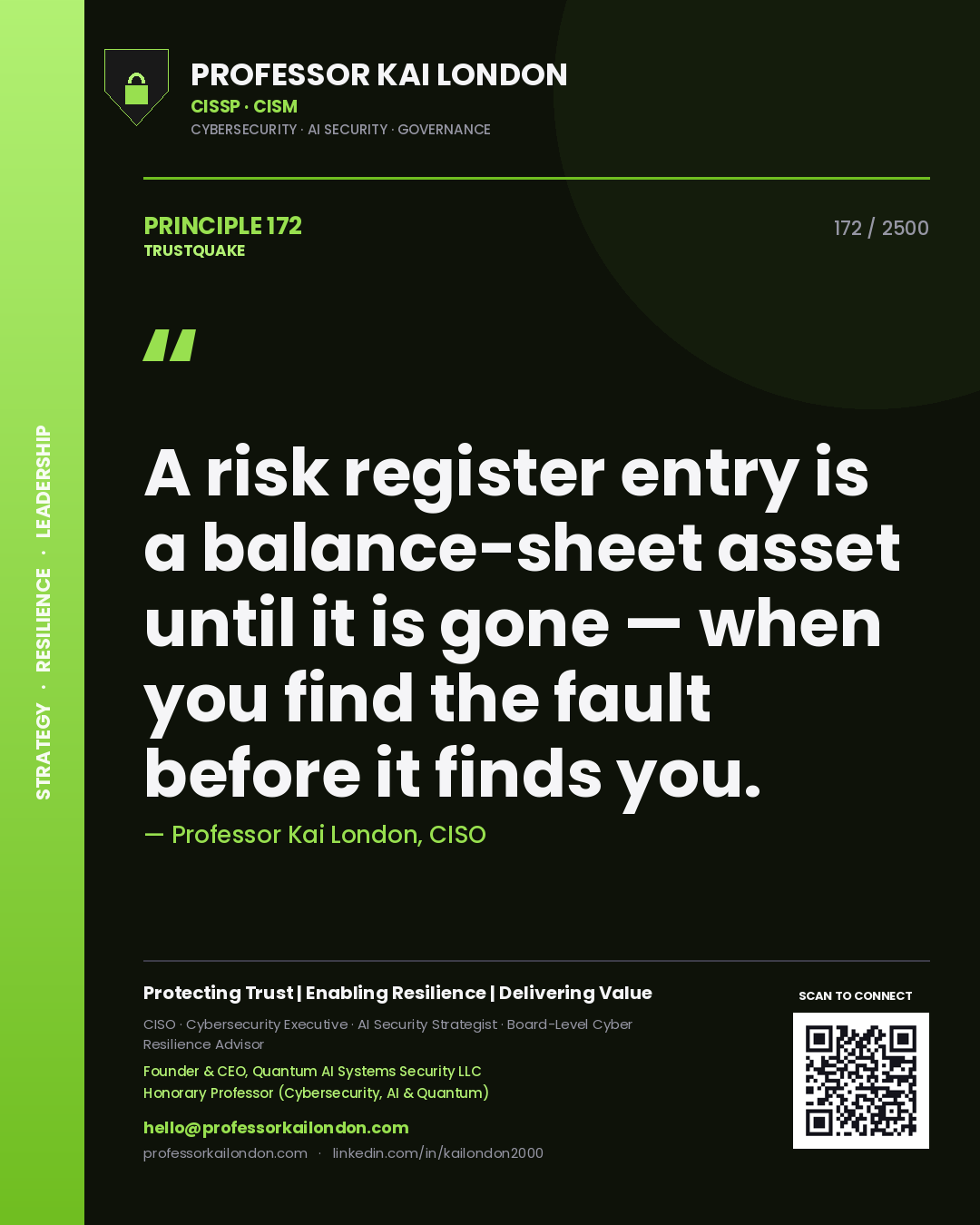Professor Kai London principle 172: A risk register entry is a balance-sheet asset until it is gone — when you find the fault before it finds you.