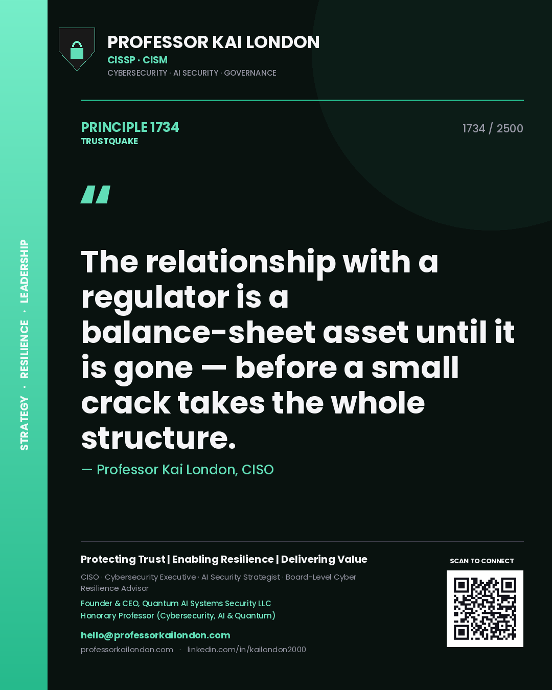 Professor Kai London principle 1734: The relationship with a regulator is a balance-sheet asset until it is gone — before a small crack takes the whole structure.