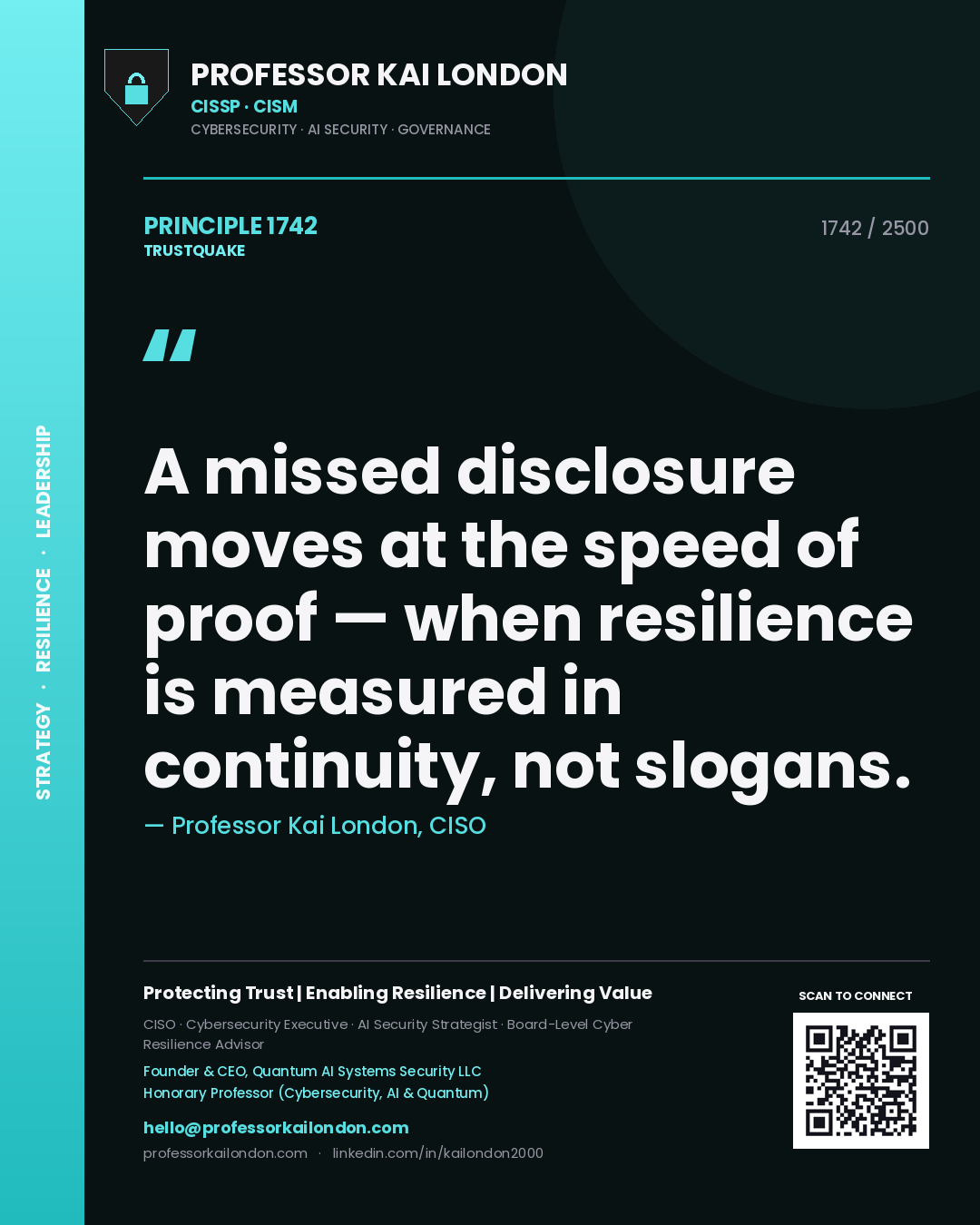 Professor Kai London principle 1742: A missed disclosure moves at the speed of proof — when resilience is measured in continuity, not slogans.