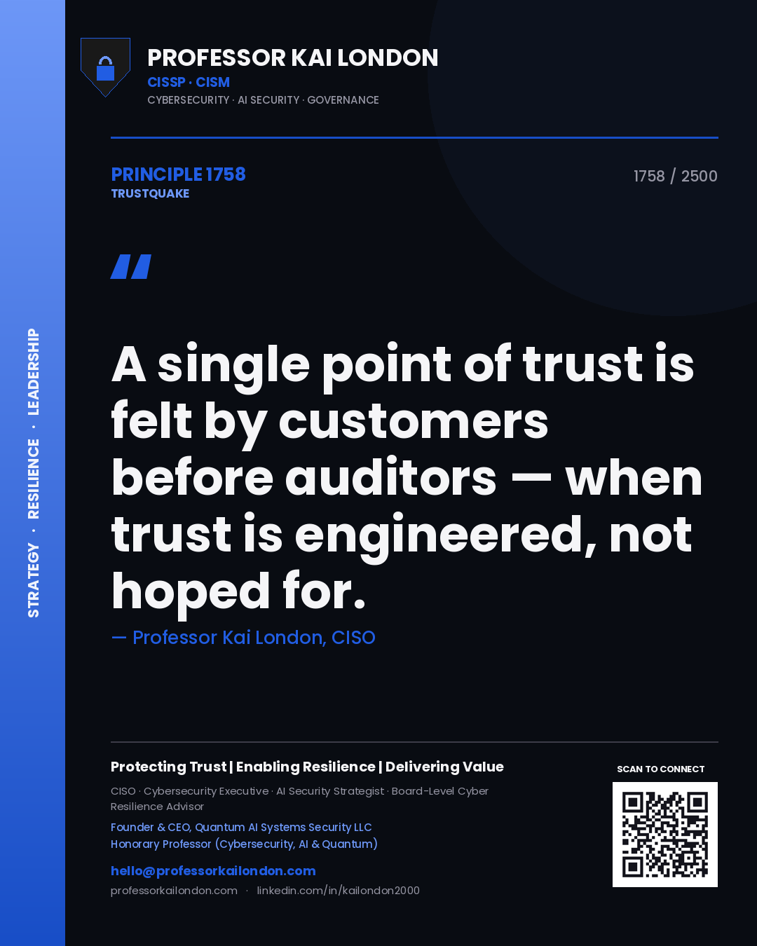 Professor Kai London principle 1758: A single point of trust is felt by customers before auditors — when trust is engineered, not hoped for.