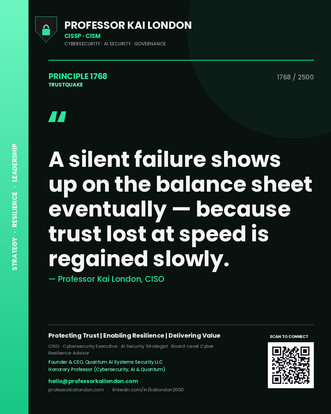 Professor Kai London principle 1768: A silent failure shows up on the balance sheet eventually — because trust lost at speed is regained slowly.