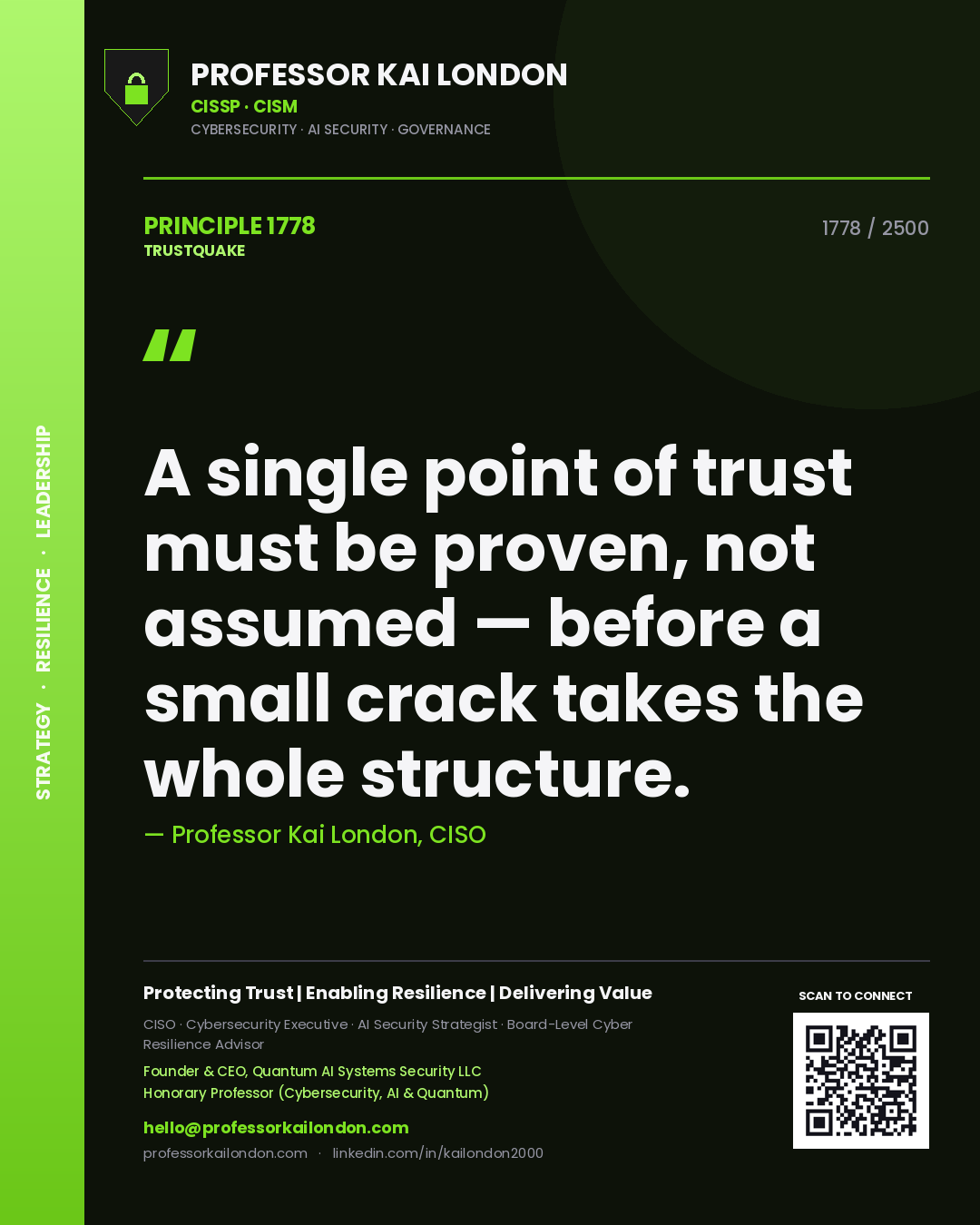Professor Kai London principle 1778: A single point of trust must be proven, not assumed — before a small crack takes the whole structure.