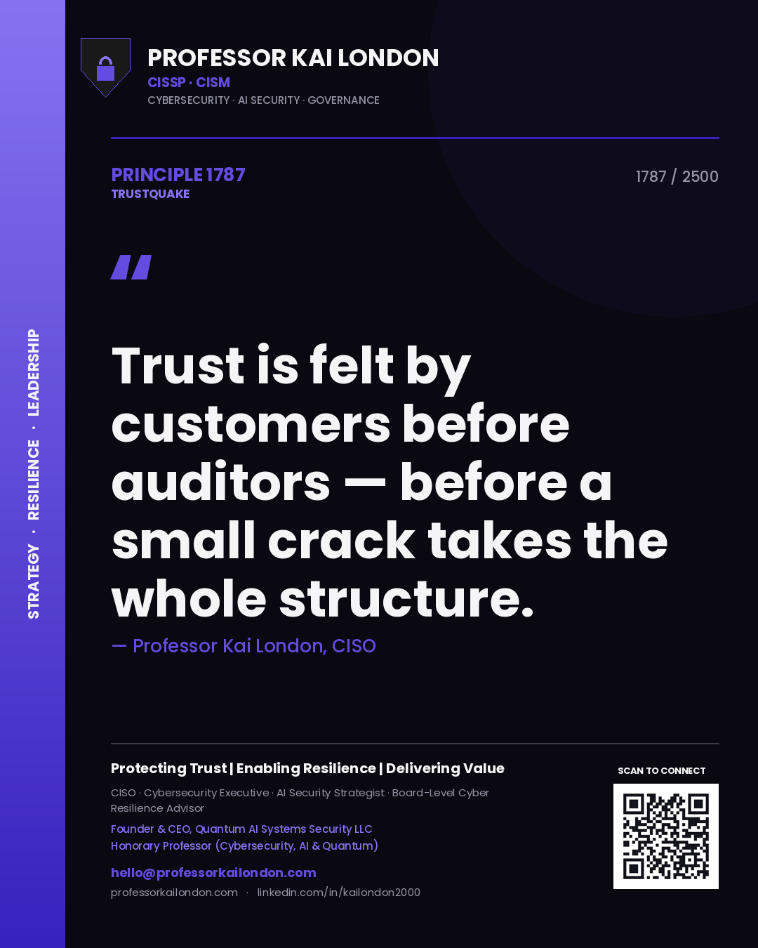 Professor Kai London principle 1787: Trust is felt by customers before auditors — before a small crack takes the whole structure.