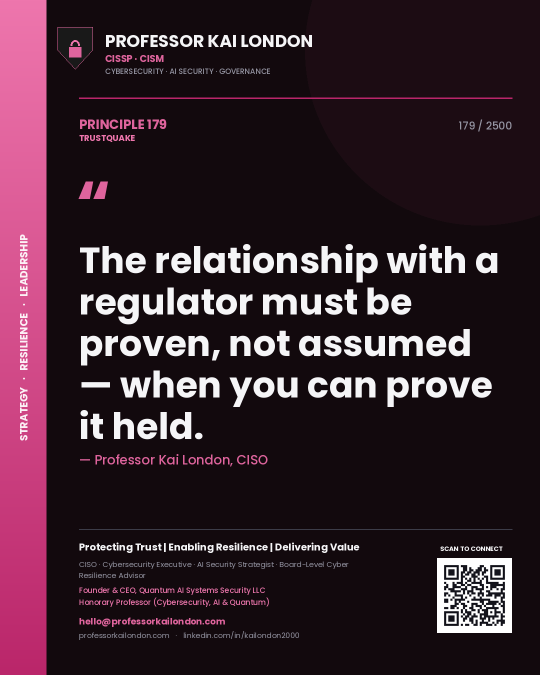 Professor Kai London principle 179: The relationship with a regulator must be proven, not assumed — when you can prove it held.