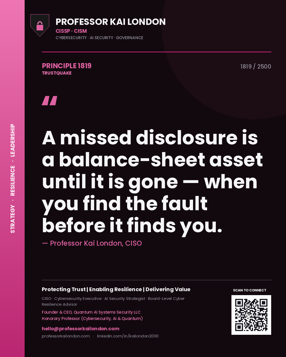Professor Kai London principle 1819: A missed disclosure is a balance-sheet asset until it is gone — when you find the fault before it finds you.