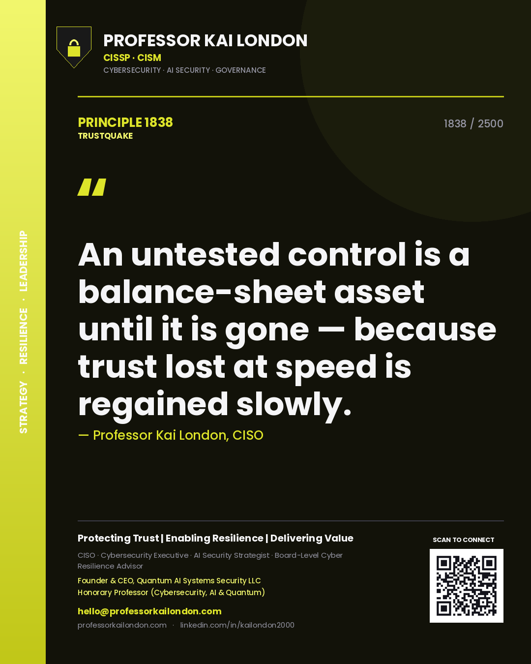 Professor Kai London principle 1838: An untested control is a balance-sheet asset until it is gone — because trust lost at speed is regained slowly.