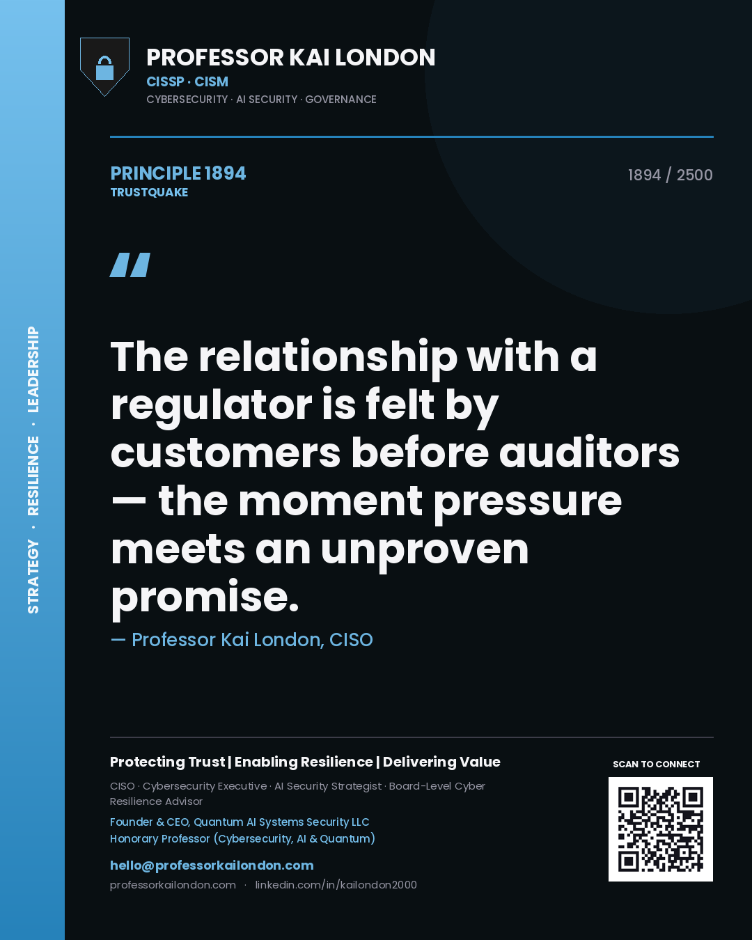 Professor Kai London principle 1894: The relationship with a regulator is felt by customers before auditors — the moment pressure meets an unproven promise.