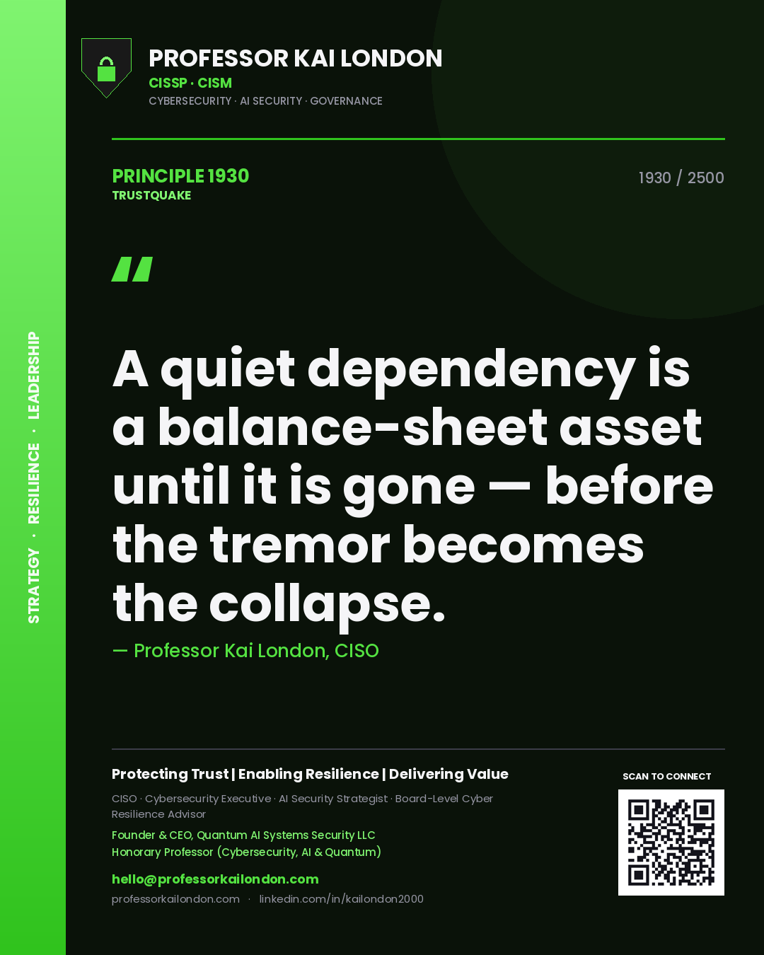 Professor Kai London principle 1930: A quiet dependency is a balance-sheet asset until it is gone — before the tremor becomes the collapse.
