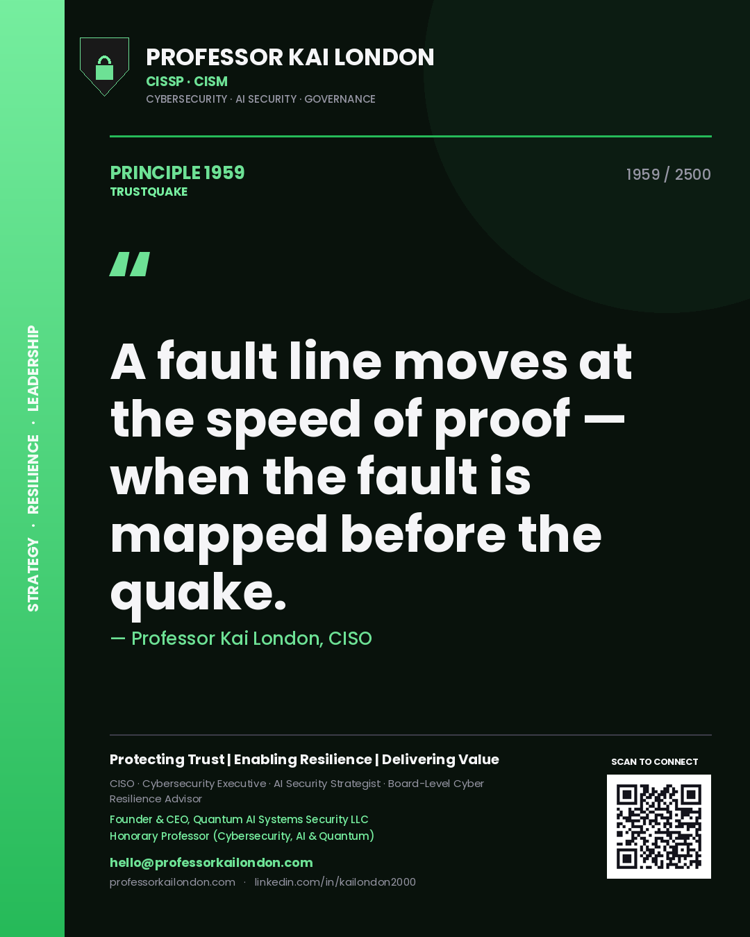 Professor Kai London principle 1959: A fault line moves at the speed of proof — when the fault is mapped before the quake.