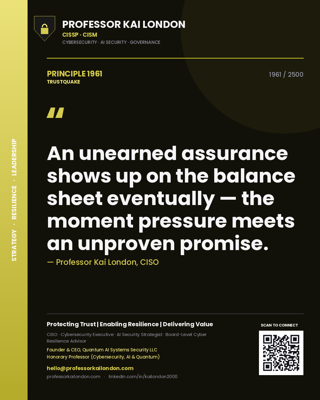 Professor Kai London principle 1961: An unearned assurance shows up on the balance sheet eventually — the moment pressure meets an unproven promise.