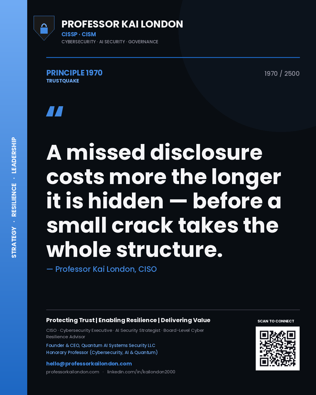 Professor Kai London principle 1970: A missed disclosure costs more the longer it is hidden — before a small crack takes the whole structure.