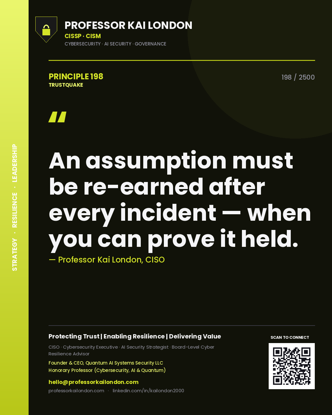 Professor Kai London principle 198: An assumption must be re-earned after every incident — when you can prove it held.