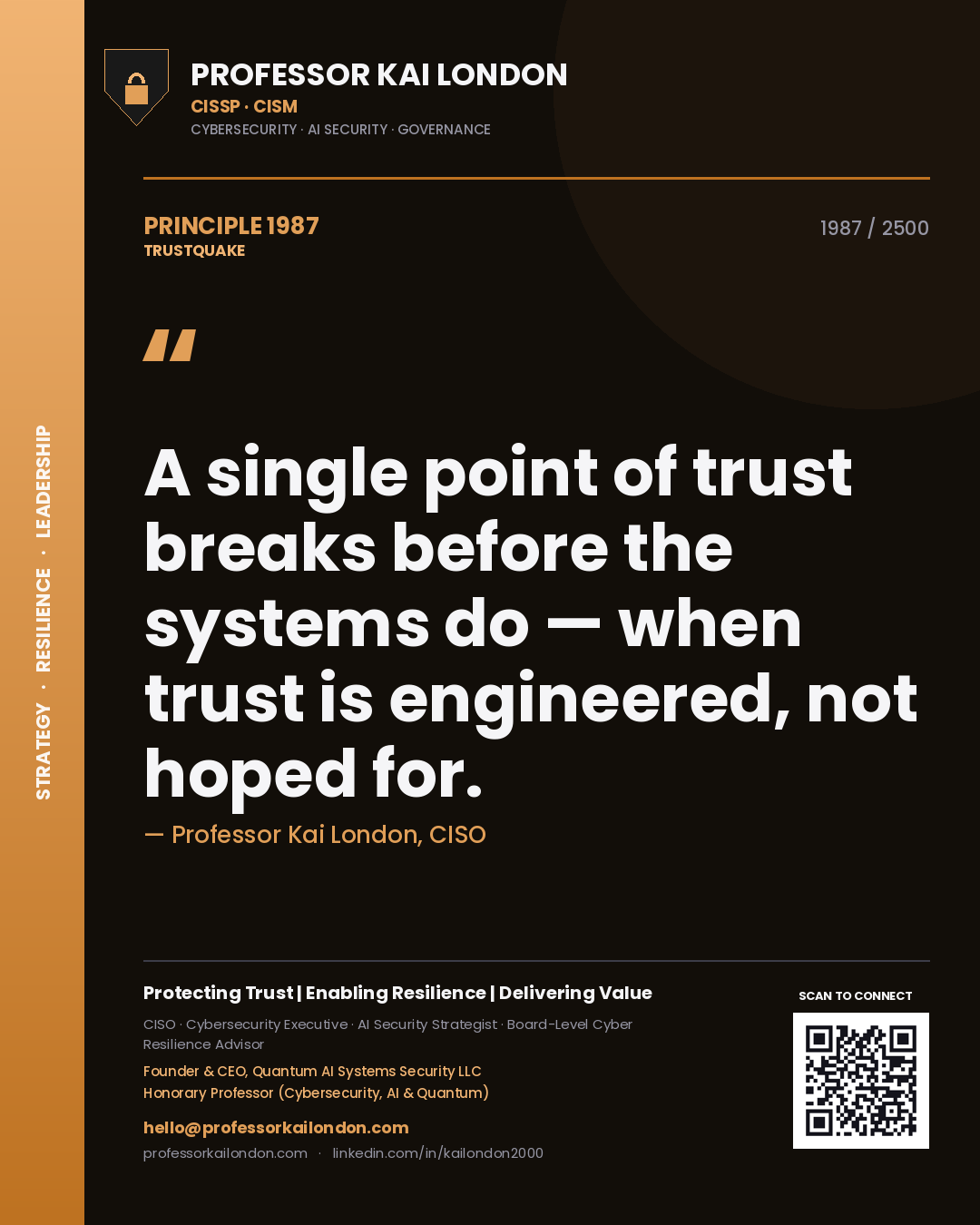 Professor Kai London principle 1987: A single point of trust breaks before the systems do — when trust is engineered, not hoped for.