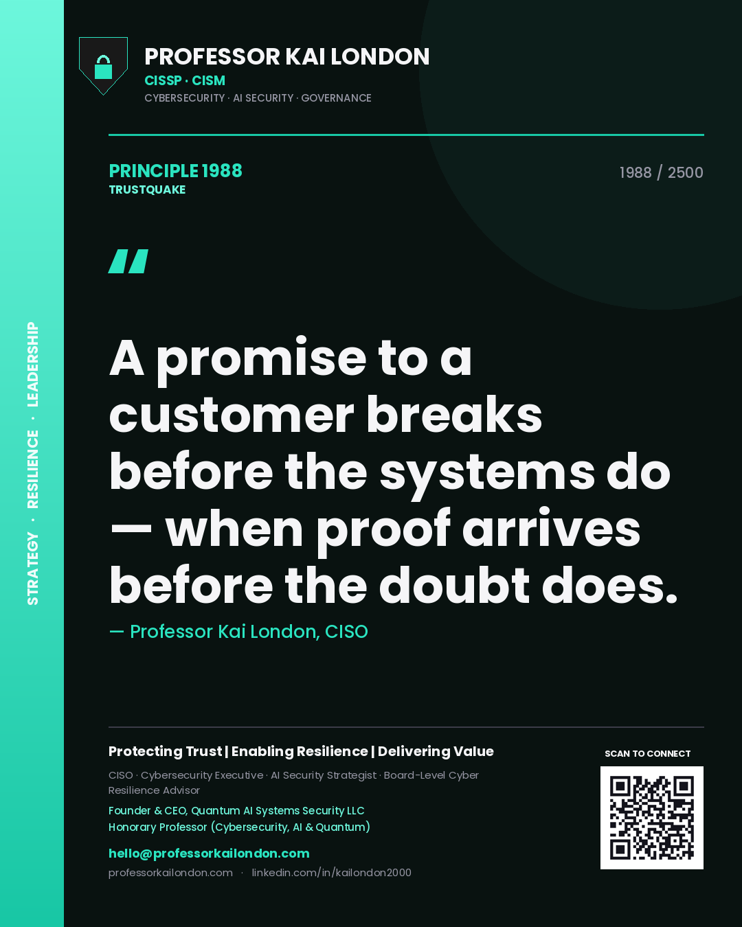 Professor Kai London principle 1988: A promise to a customer breaks before the systems do — when proof arrives before the doubt does.
