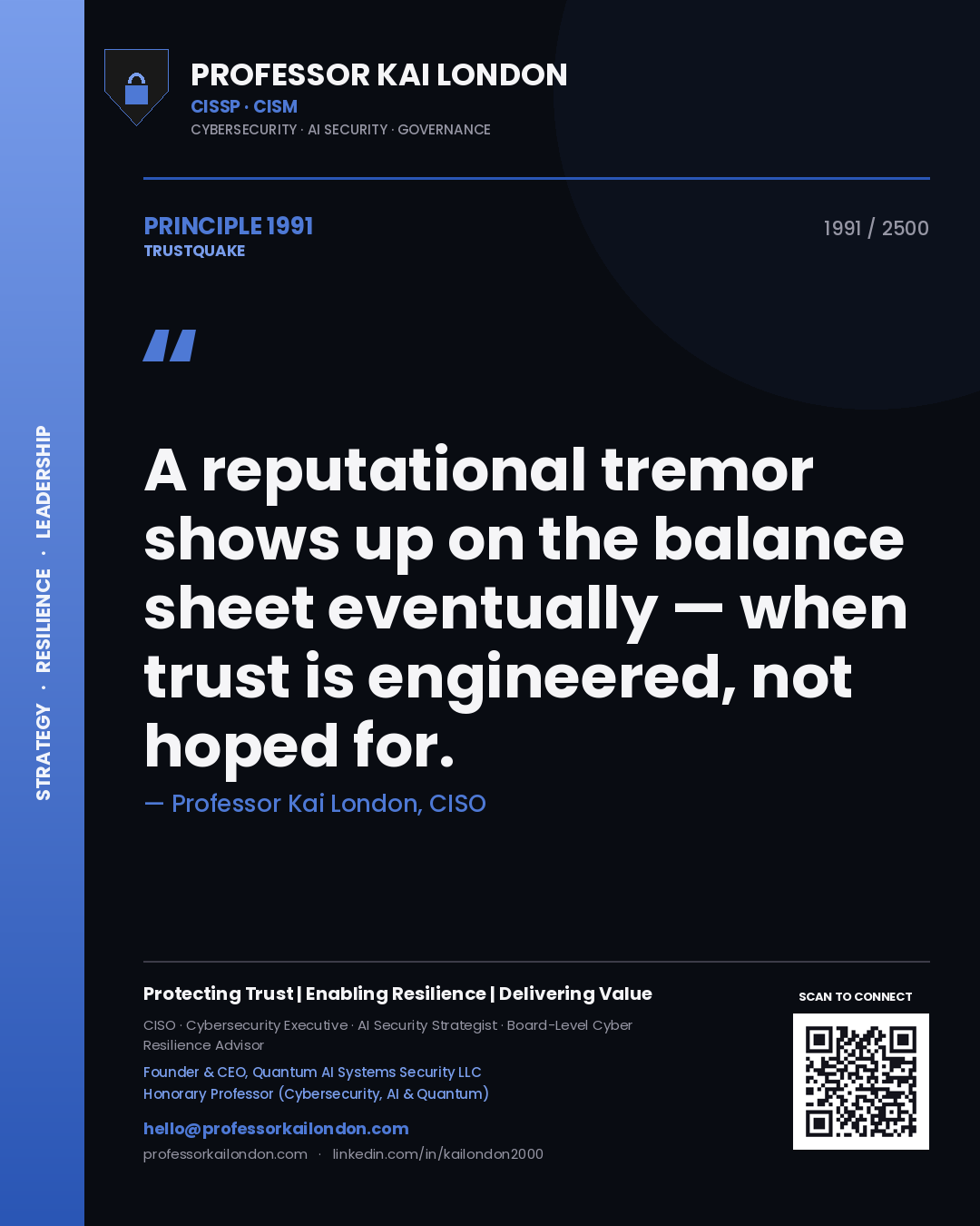 Professor Kai London principle 1991: A reputational tremor shows up on the balance sheet eventually — when trust is engineered, not hoped for.