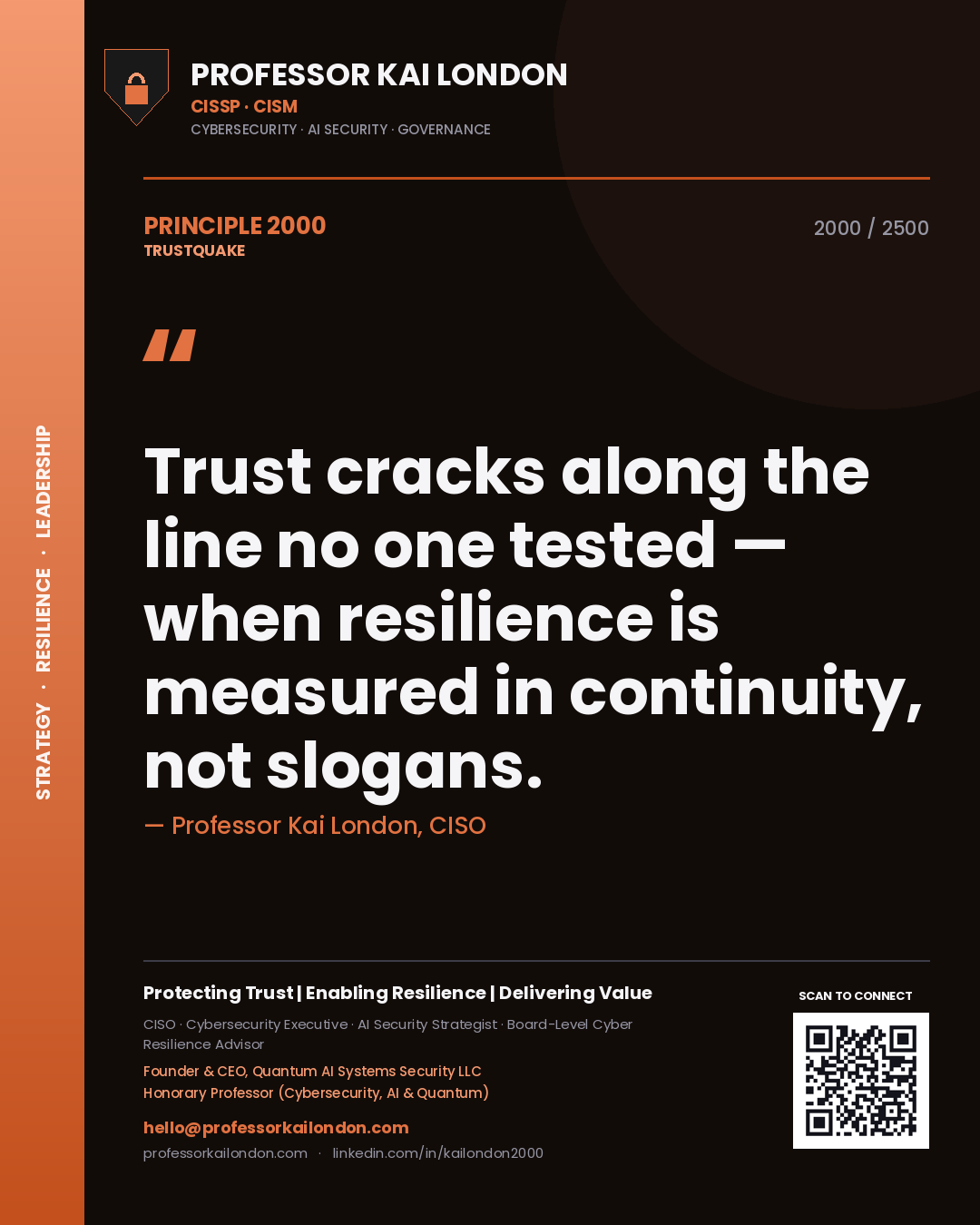 Professor Kai London principle 2000: Trust cracks along the line no one tested — when resilience is measured in continuity, not slogans.