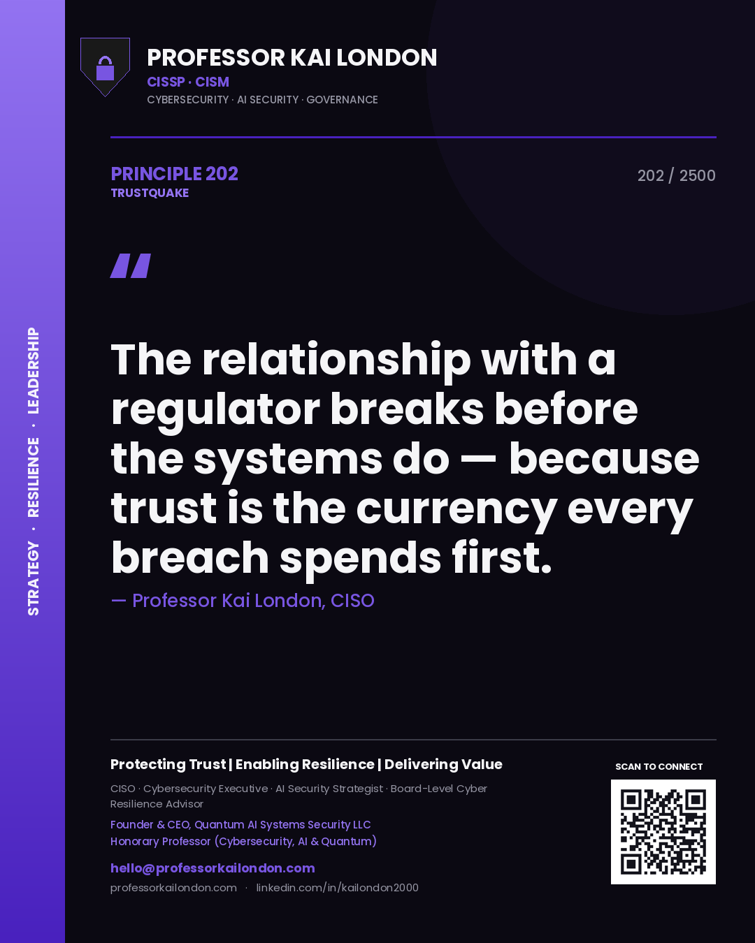 Professor Kai London principle 202: The relationship with a regulator breaks before the systems do — because trust is the currency every breach spends first.