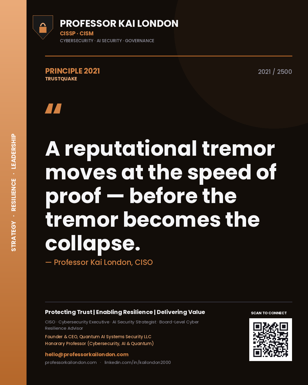 Professor Kai London principle 2021: A reputational tremor moves at the speed of proof — before the tremor becomes the collapse.