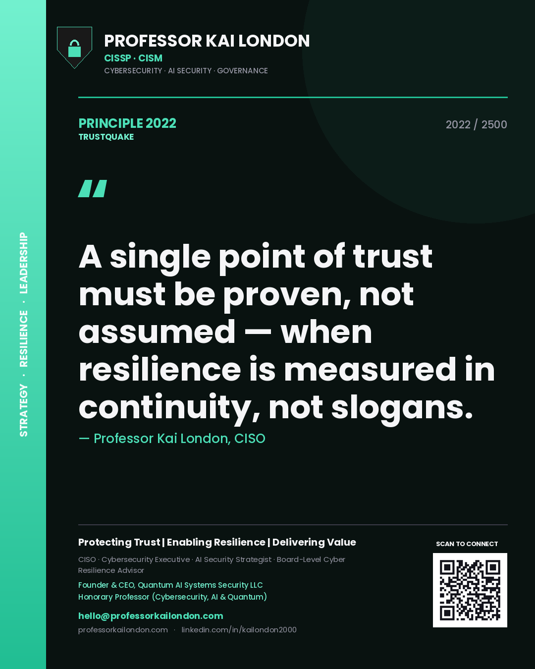 Professor Kai London principle 2022: A single point of trust must be proven, not assumed — when resilience is measured in continuity, not slogans.