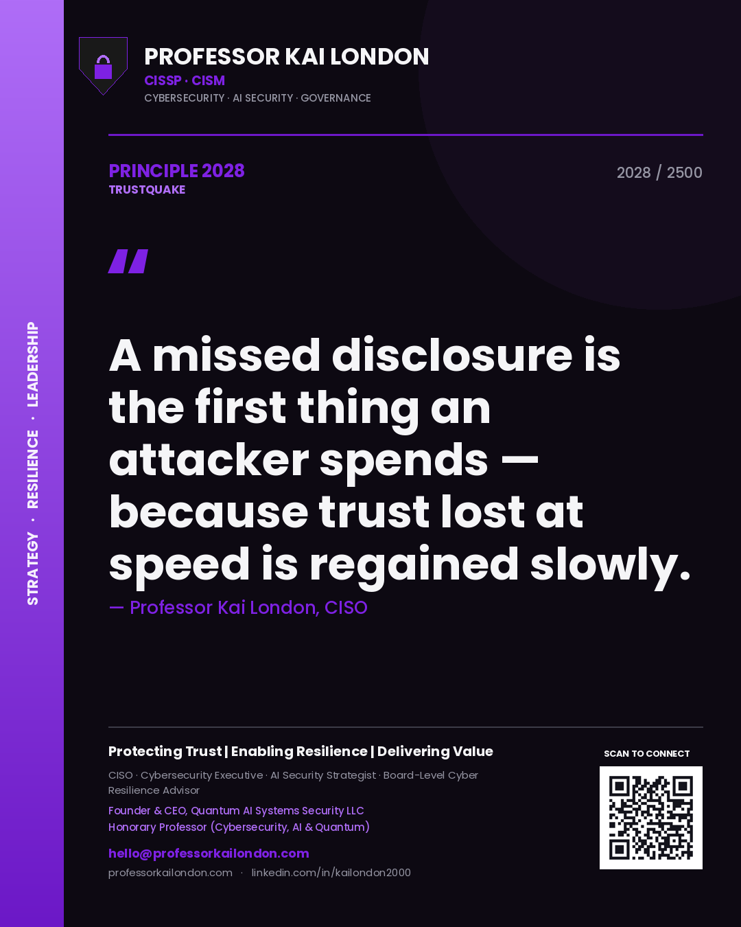 Professor Kai London principle 2028: A missed disclosure is the first thing an attacker spends — because trust lost at speed is regained slowly.