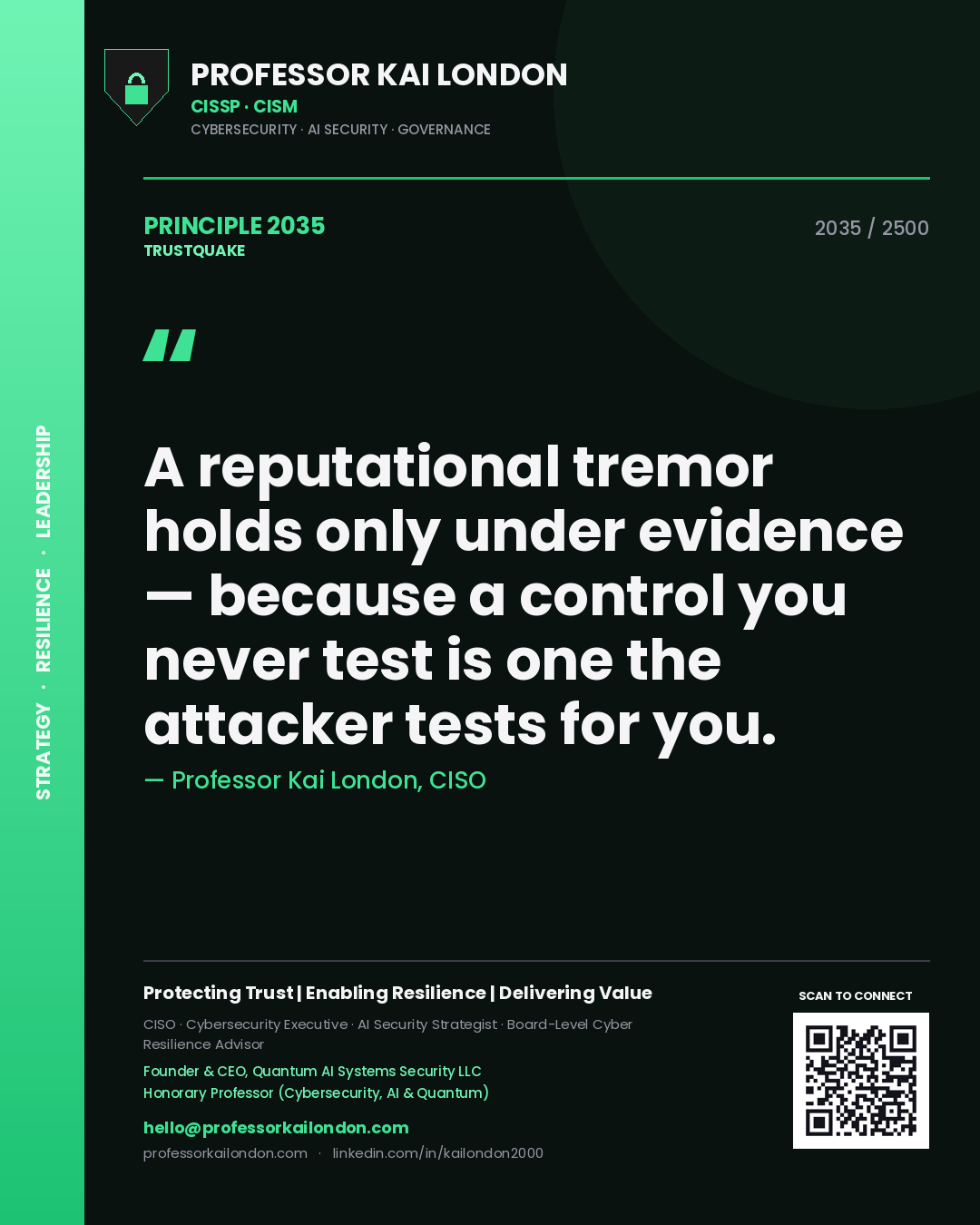 Professor Kai London principle 2035: A reputational tremor holds only under evidence — because a control you never test is one the attacker tests for you.