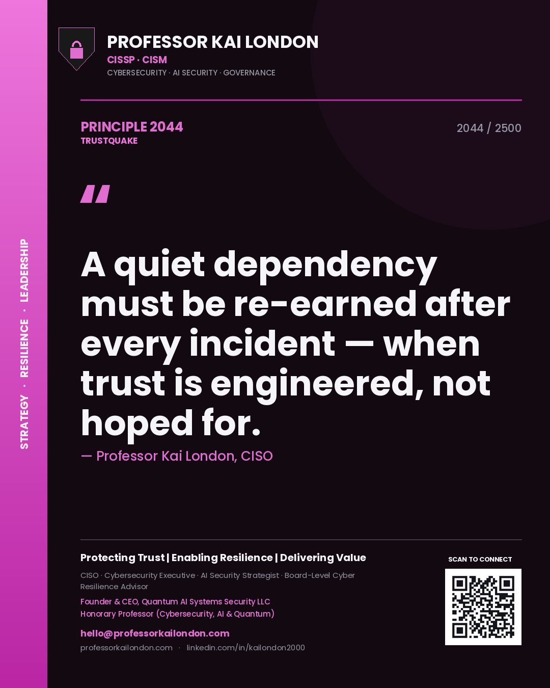 Professor Kai London principle 2044: A quiet dependency must be re-earned after every incident — when trust is engineered, not hoped for.