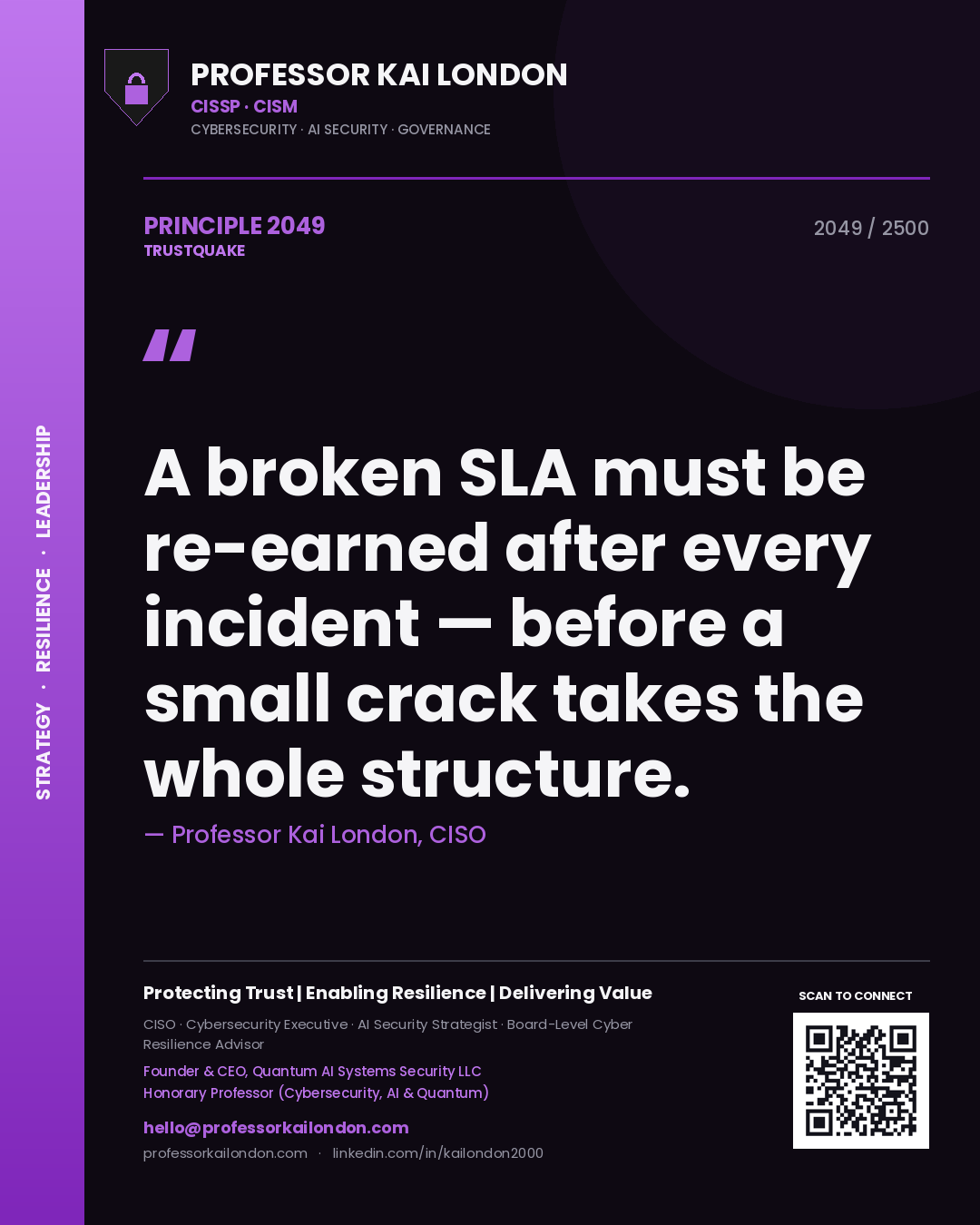 Professor Kai London principle 2049: A broken SLA must be re-earned after every incident — before a small crack takes the whole structure.