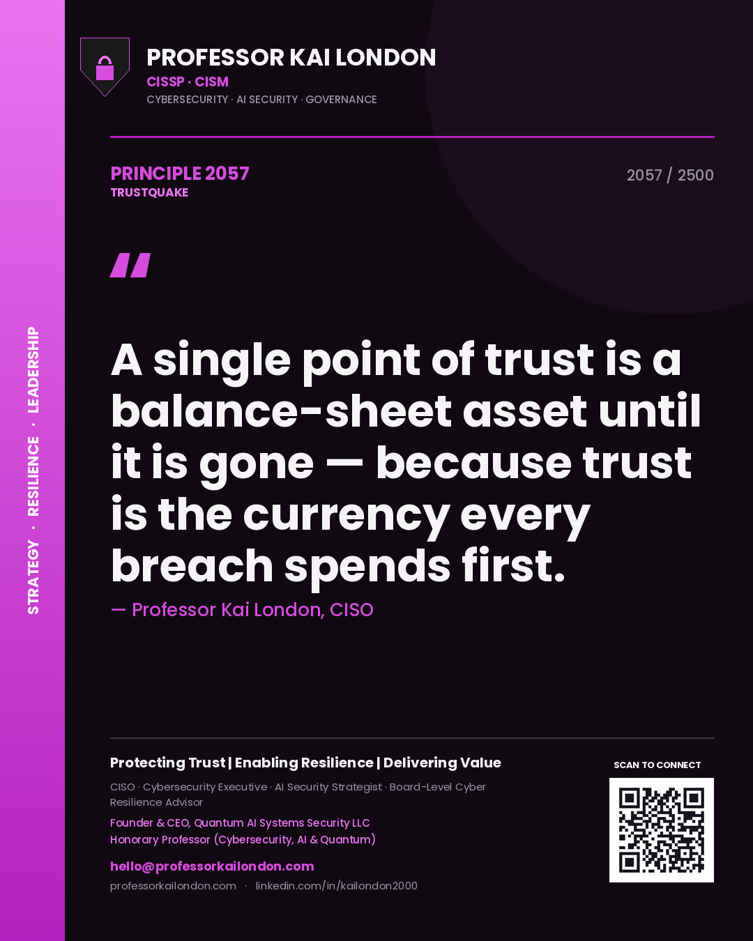 Professor Kai London principle 2057: A single point of trust is a balance-sheet asset until it is gone — because trust is the currency every breach spends first.