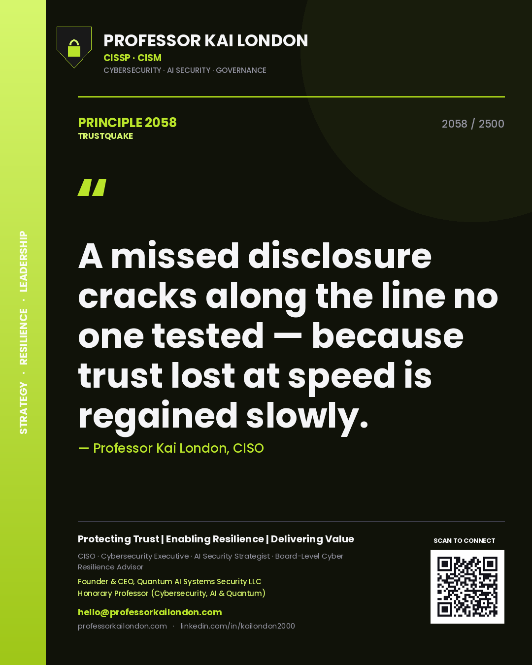 Professor Kai London principle 2058: A missed disclosure cracks along the line no one tested — because trust lost at speed is regained slowly.