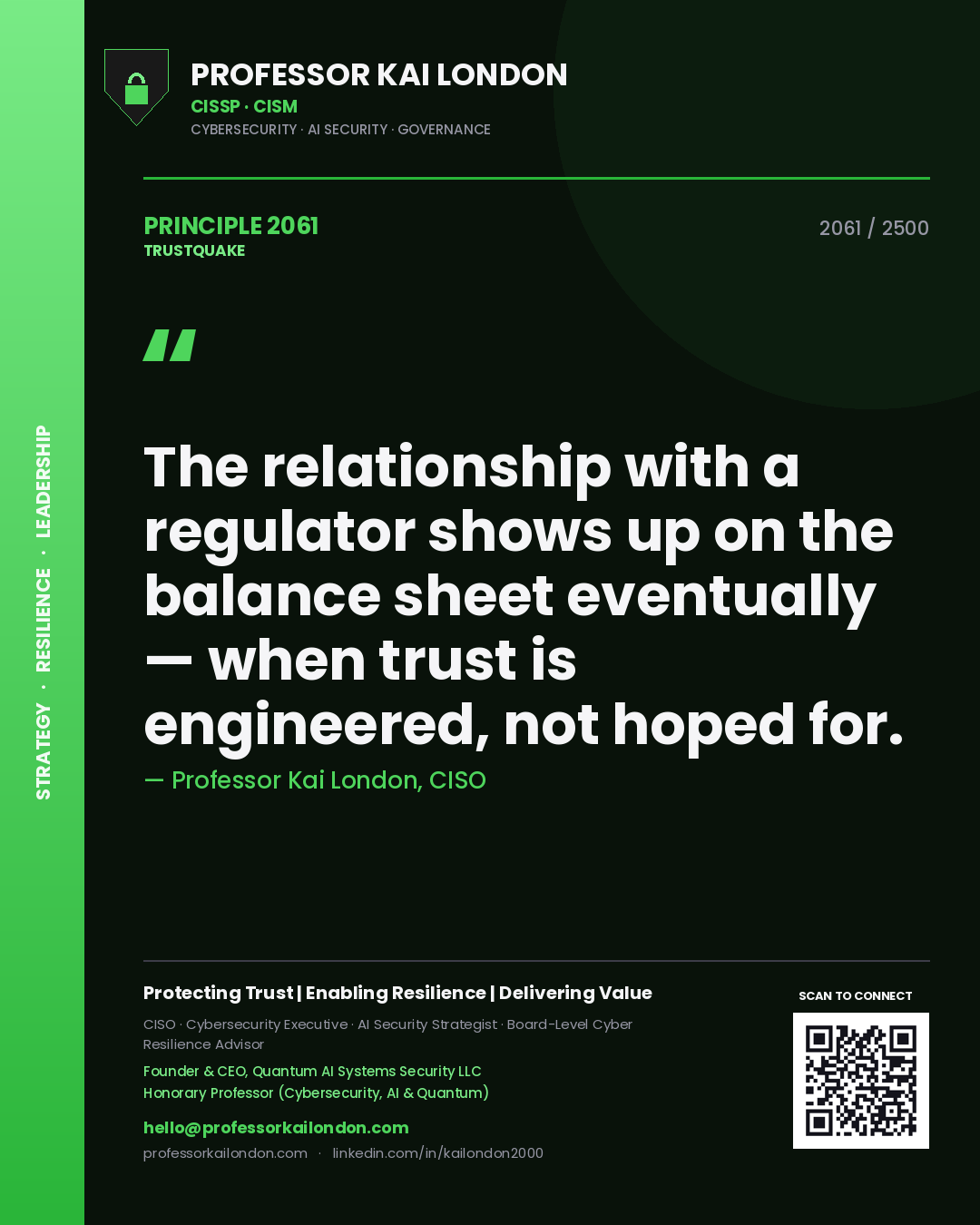 Professor Kai London principle 2061: The relationship with a regulator shows up on the balance sheet eventually — when trust is engineered, not hoped for.