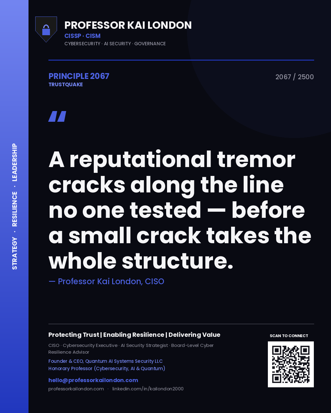 Professor Kai London principle 2067: A reputational tremor cracks along the line no one tested — before a small crack takes the whole structure.