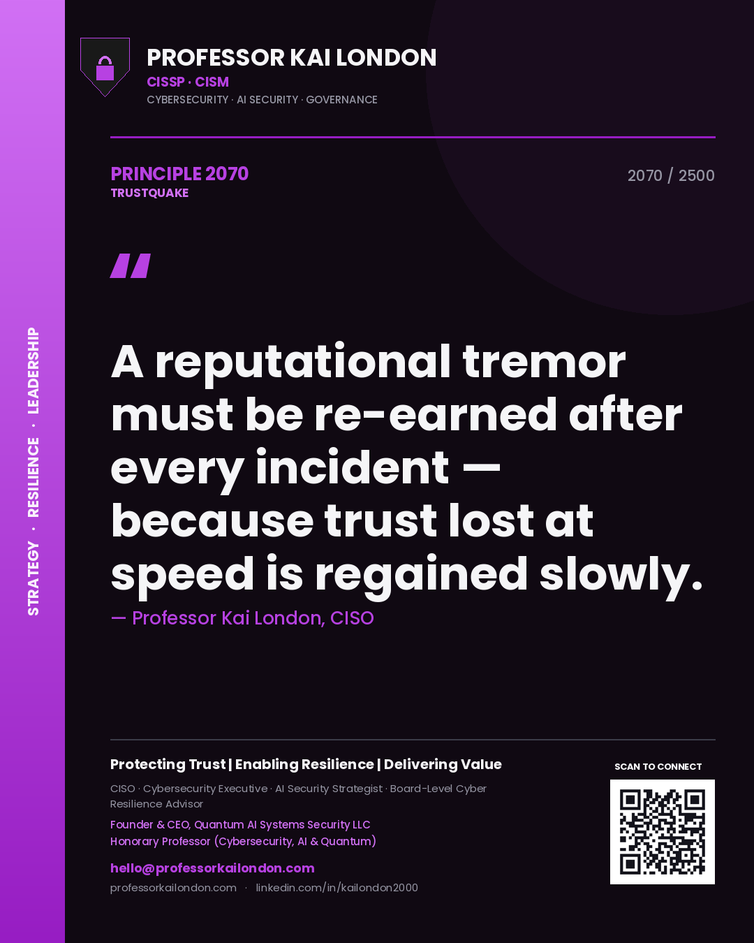 Professor Kai London principle 2070: A reputational tremor must be re-earned after every incident — because trust lost at speed is regained slowly.