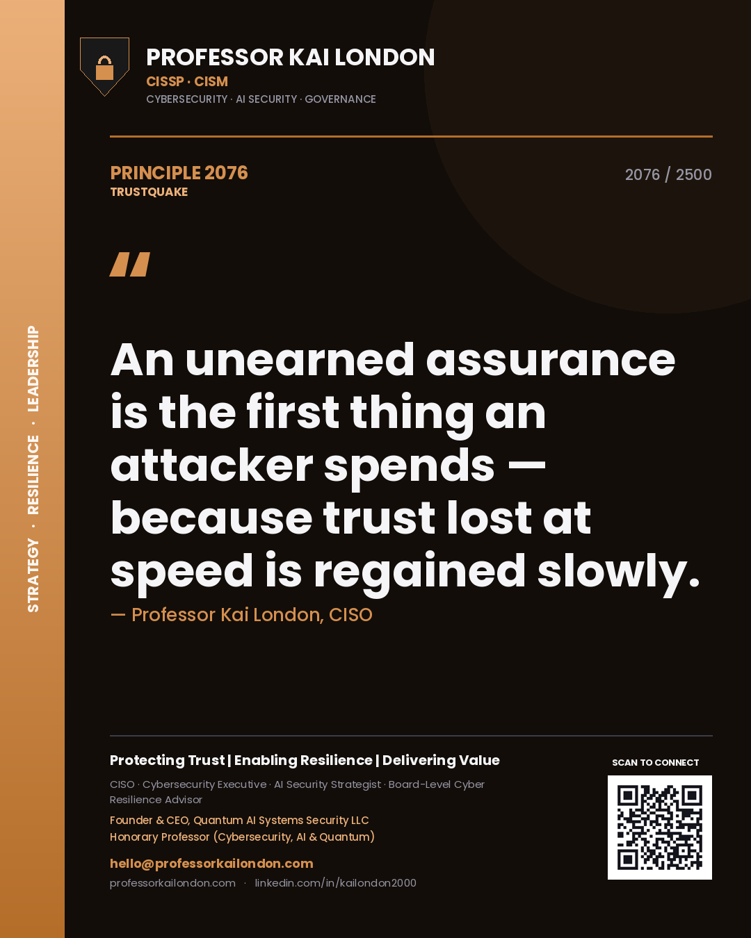Professor Kai London principle 2076: An unearned assurance is the first thing an attacker spends — because trust lost at speed is regained slowly.