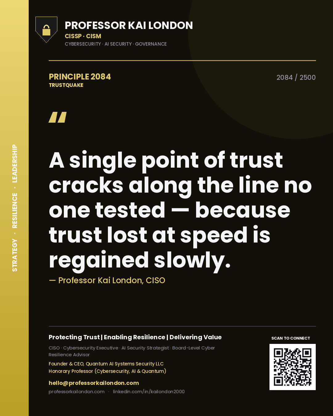 Professor Kai London principle 2084: A single point of trust cracks along the line no one tested — because trust lost at speed is regained slowly.
