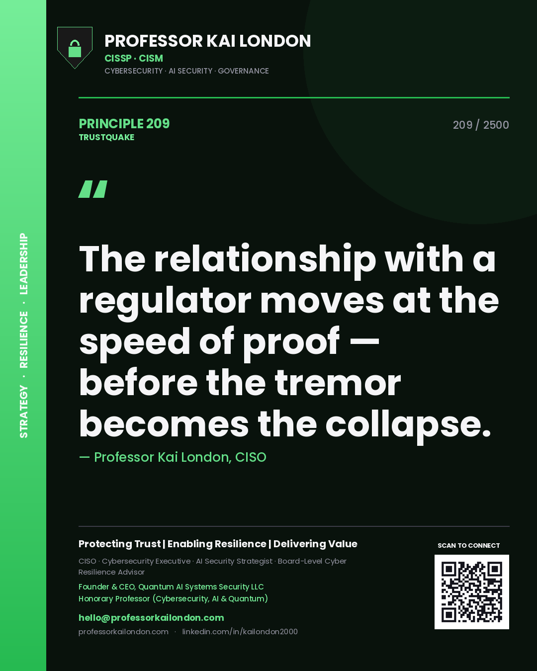 Professor Kai London principle 209: The relationship with a regulator moves at the speed of proof — before the tremor becomes the collapse.
