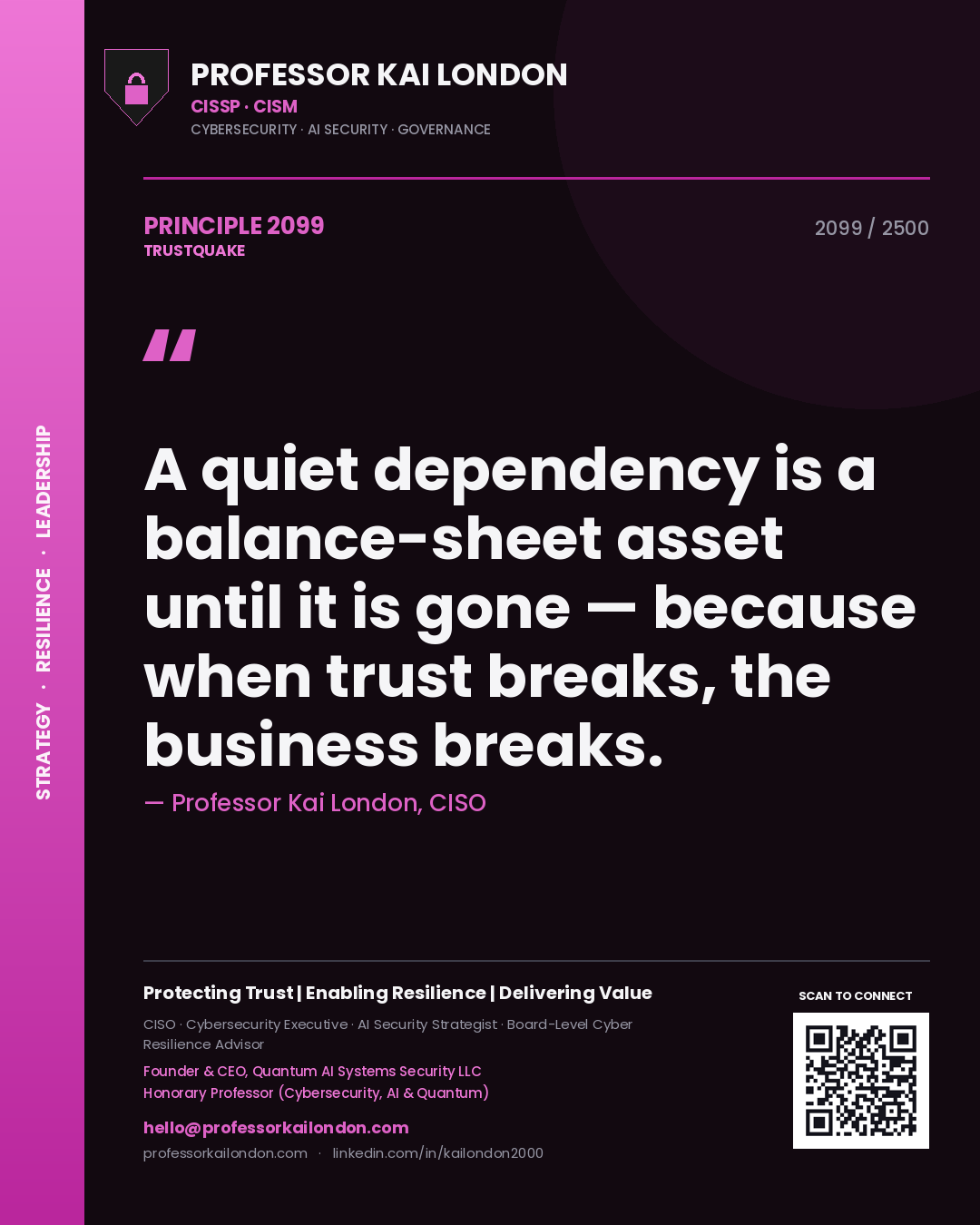 Professor Kai London principle 2099: A quiet dependency is a balance-sheet asset until it is gone — because when trust breaks, the business breaks.