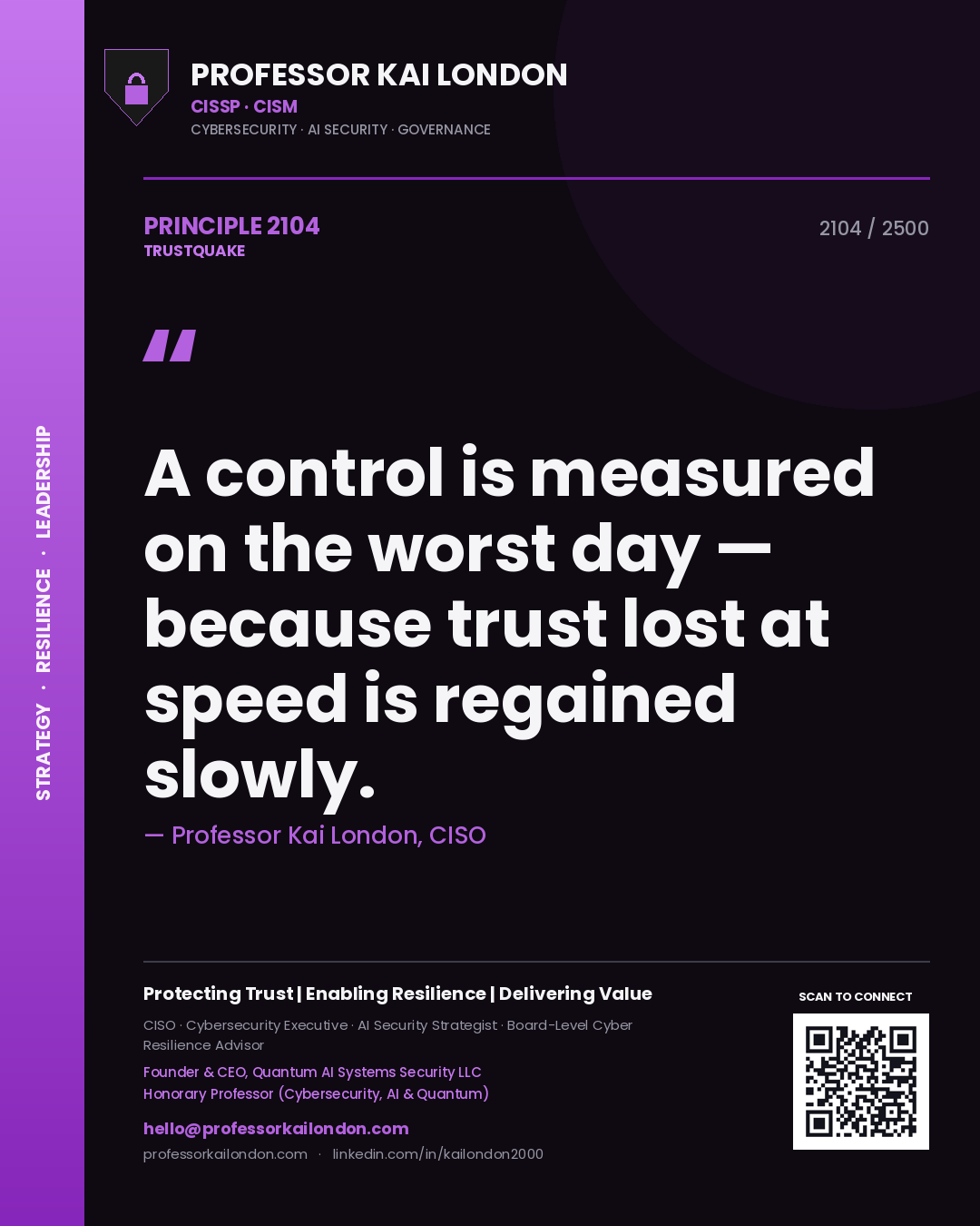 Professor Kai London principle 2104: A control is measured on the worst day — because trust lost at speed is regained slowly.