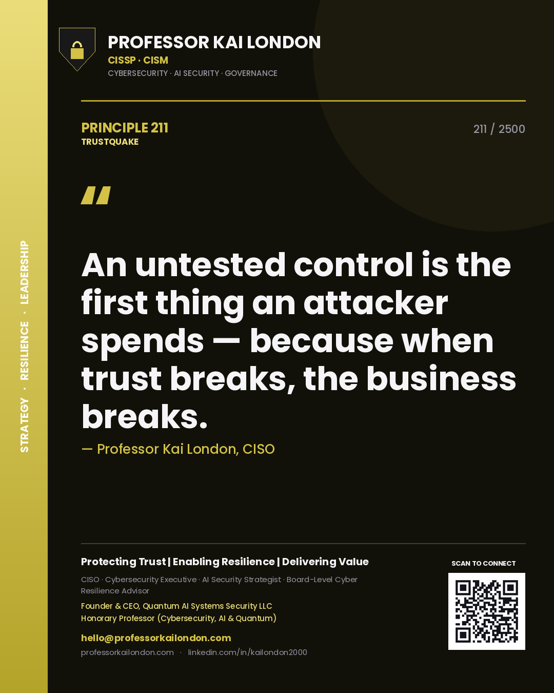 Professor Kai London principle 211: An untested control is the first thing an attacker spends — because when trust breaks, the business breaks.
