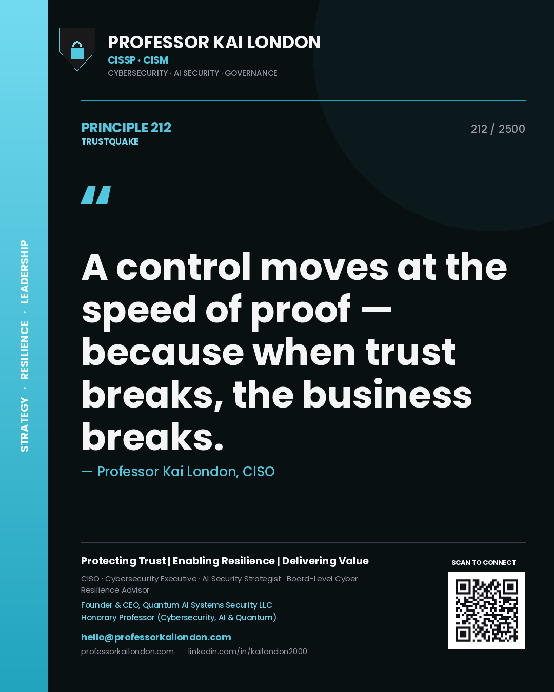 Professor Kai London principle 212: A control moves at the speed of proof — because when trust breaks, the business breaks.