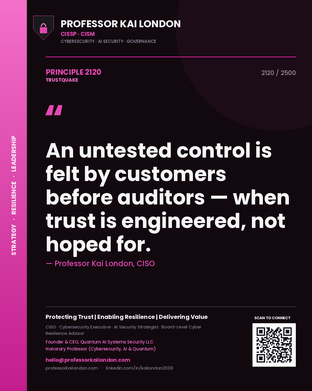 Professor Kai London principle 2120: An untested control is felt by customers before auditors — when trust is engineered, not hoped for.