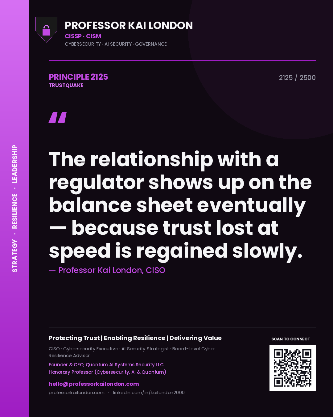 Professor Kai London principle 2125: The relationship with a regulator shows up on the balance sheet eventually — because trust lost at speed is regained slowly.