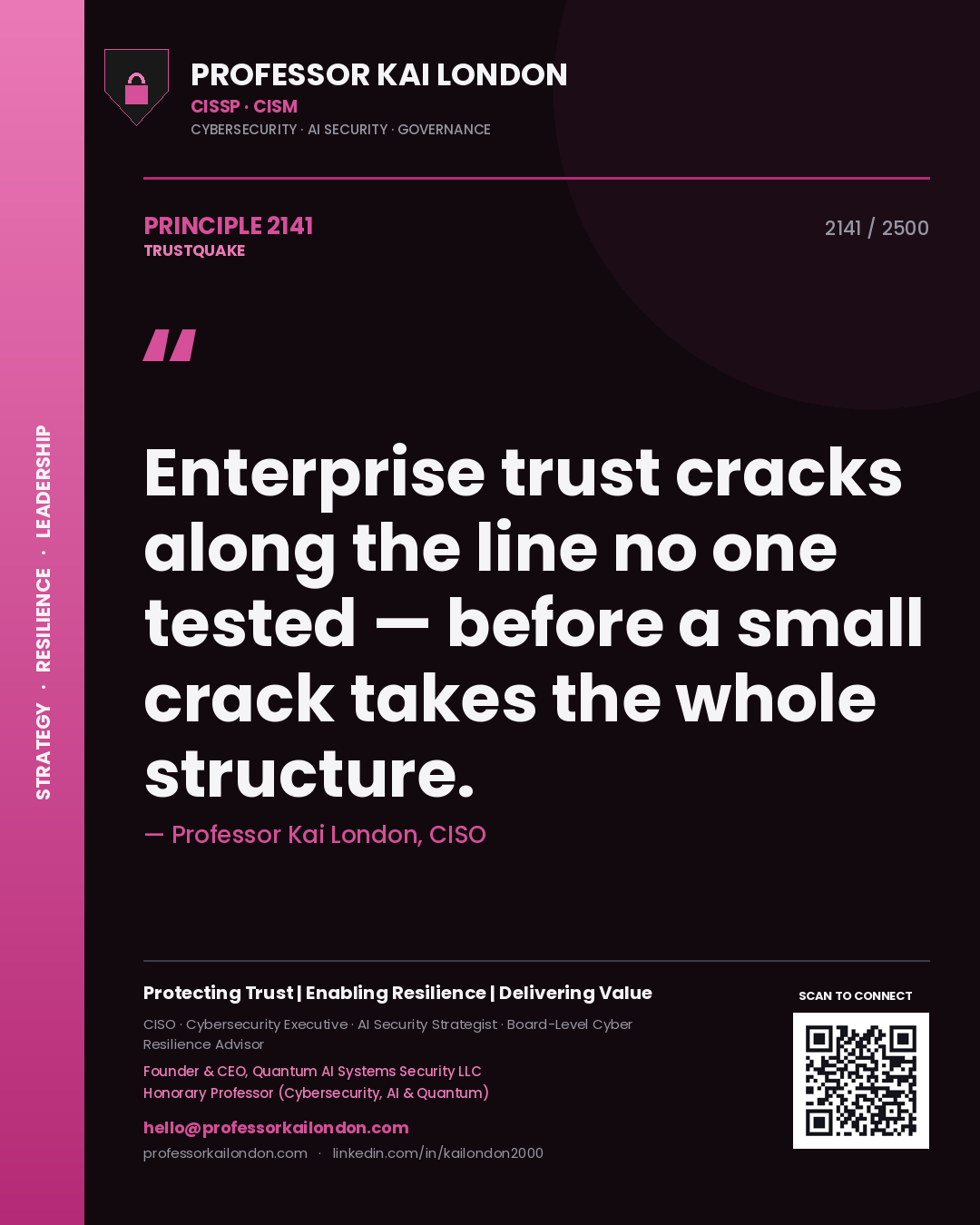 Professor Kai London principle 2141: Enterprise trust cracks along the line no one tested — before a small crack takes the whole structure.