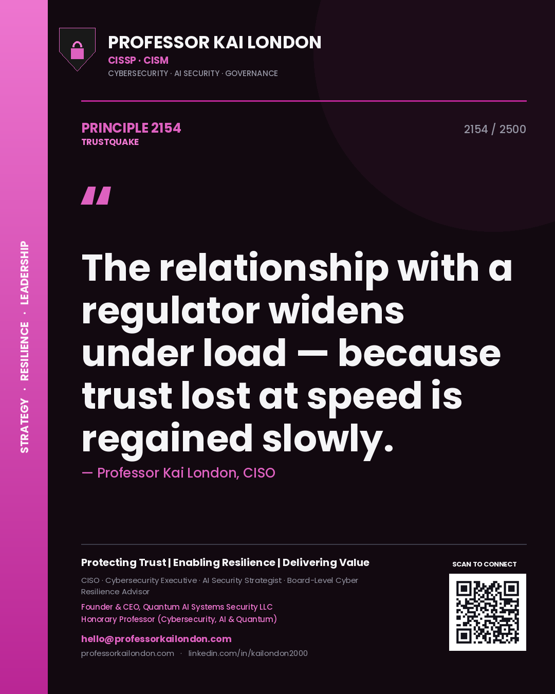 Professor Kai London principle 2154: The relationship with a regulator widens under load — because trust lost at speed is regained slowly.
