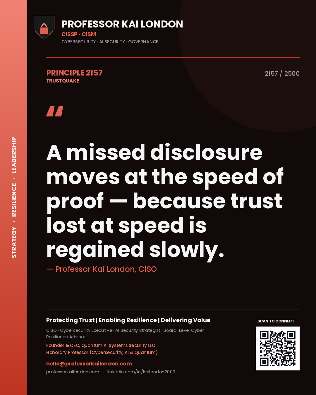 Professor Kai London principle 2157: A missed disclosure moves at the speed of proof — because trust lost at speed is regained slowly.